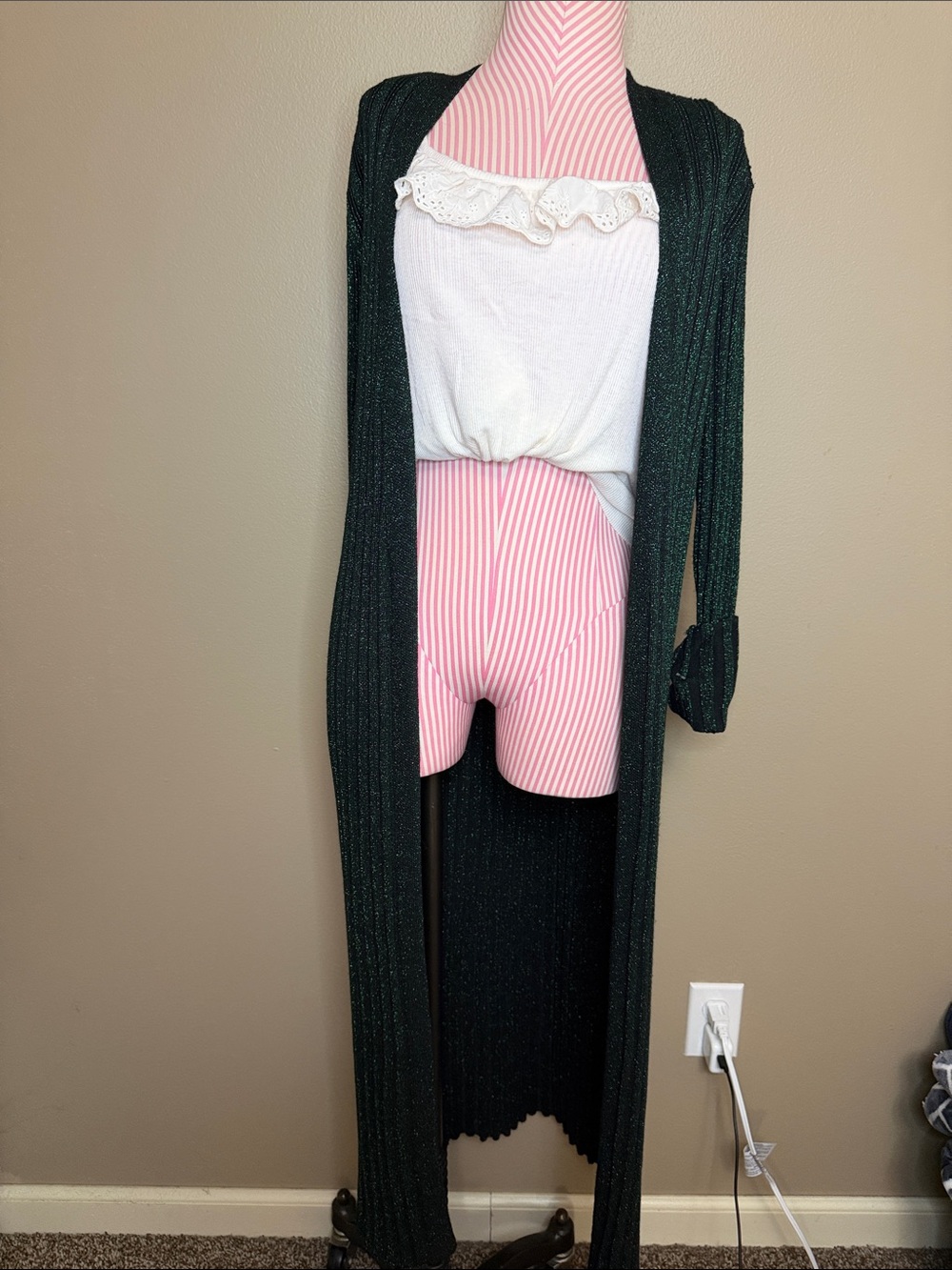 NWT BB Dakota Steve Madden Ribbed Knit Duster Cardigan - Dark Green Glitter - L
